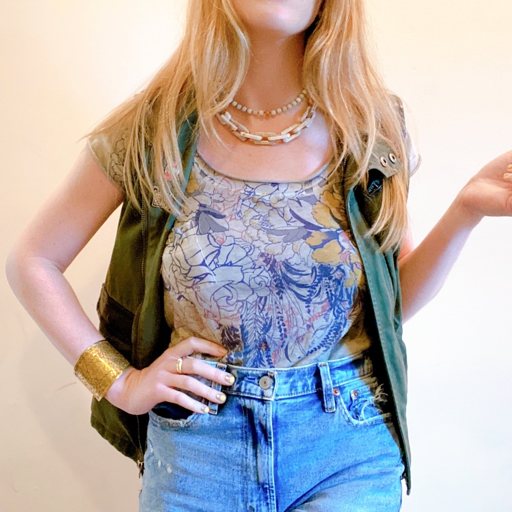 Floral printed stone-washed graphic long tee